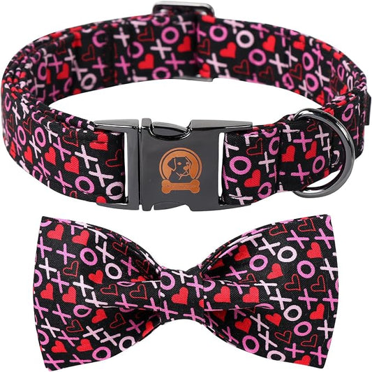 ·MR. CHUBBYFACE· Valentine's Dog Collar with Bowtie, XOXO Red Heart Dog Collar with Metal Buckle, Cute Adjustable Boy Girl Female Collars for Small Medium Large Dogs
