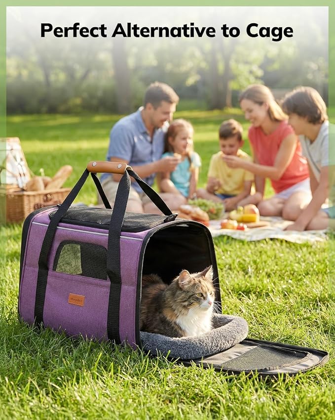 Morpilot Pet Travel Carrier Bag, Soft-Sided Dog Carrier Cat Carrier Pet Carrier, for Large Cats and Medium Puppies up to 25lbs, with Locking Safety Zippers, Foldable Bowl (Purple)