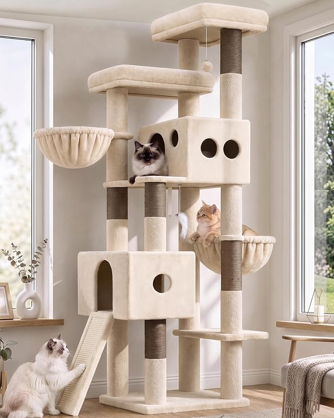 Globlazer Tall Cat Tower Extra Large Cat Tree House, S77D, Beige | 77 inch Cat Climbing Tower for Indoor Cats Large Adults with 5 Scratching Posts, 2 Cat Condos, 2 Platforms