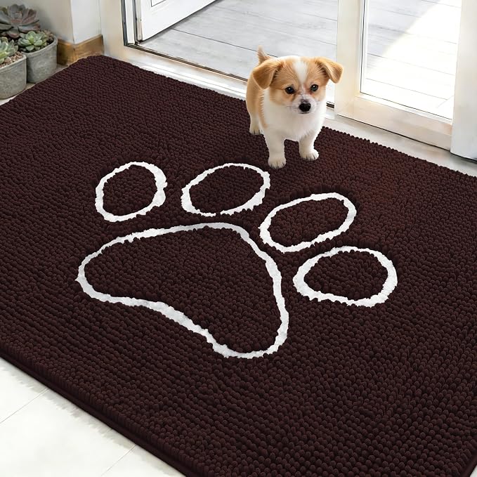 OLANLY Dog Door Mat for Muddy Paws 48x30, Paw Print Design Chenille Mud Mat | Brown, Absorbent, Traps Moisture and Dirt, Non-Slip Washable Doormat, Quick-Drying Indoor Entryway Floor Carpet for Dogs