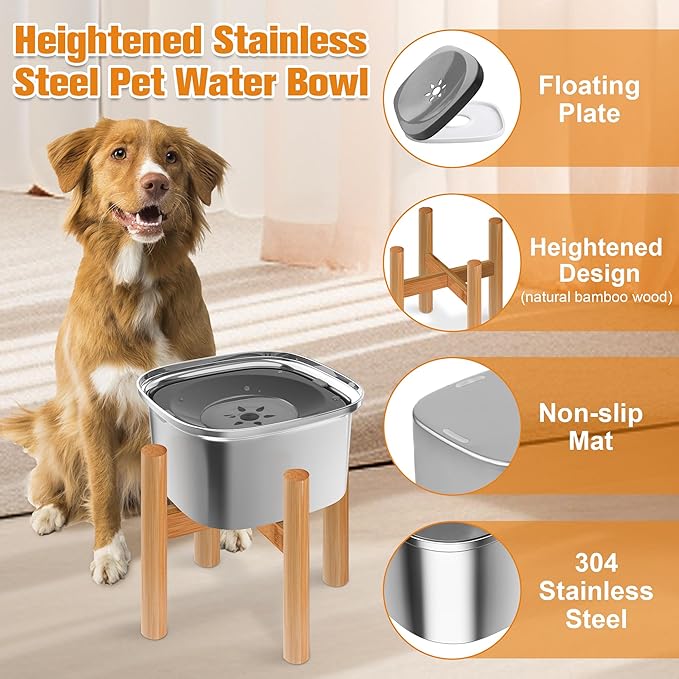 Decflow 3L Elevated Dog Water Bowl, Stainless Steel Raised Food Dispenser with Stand, Large Capacity No Spill Dog Water Bowl for Small, Medium and Large Dogs | Raised Feeder with Wood Stand, spill proof Design, Large Capacity, for Small Medium Large Do...