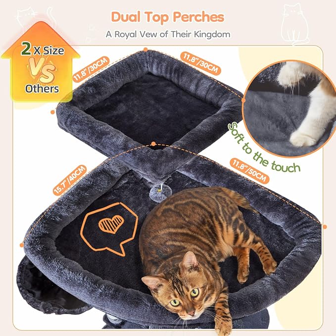 Taoqimiao 76.8in Cat Tree, Heavy Duty Tall Cat Tower for Large Cats F40G | Easy Climbing, Extra Large Sturdy Base, Multi-level Tower, 7 Scratching Posts, Large Hammock, 2 Houses, 2 Perches