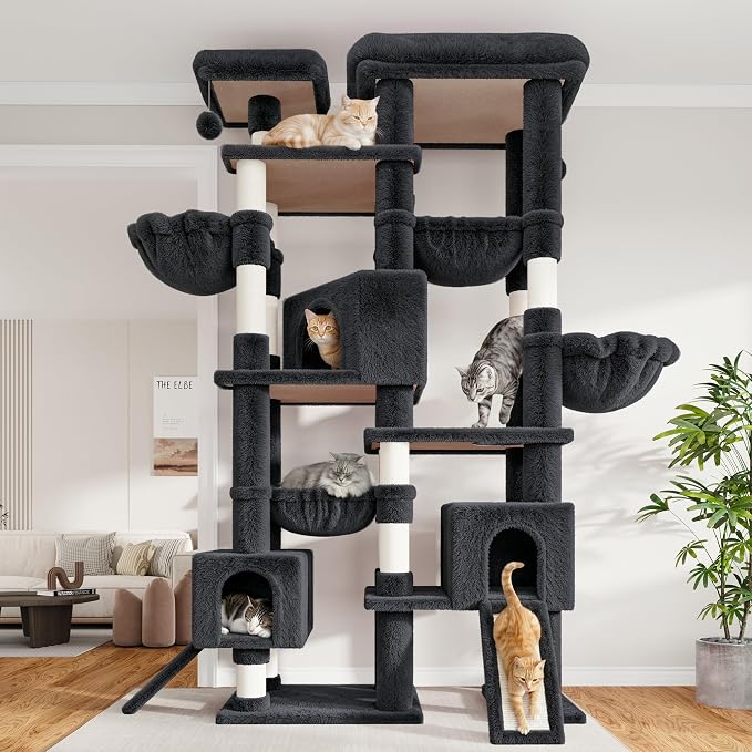 Sha Cerlin 87 in Multi-Level Tall Cat Tree Tower for Large Cats/Extra Wide Feline Activity Center/Sisal Scratching Posts/Wide Base/Cozy Plush Perches/Baskets/Hammocks/Toy Balls/Dark Grey
