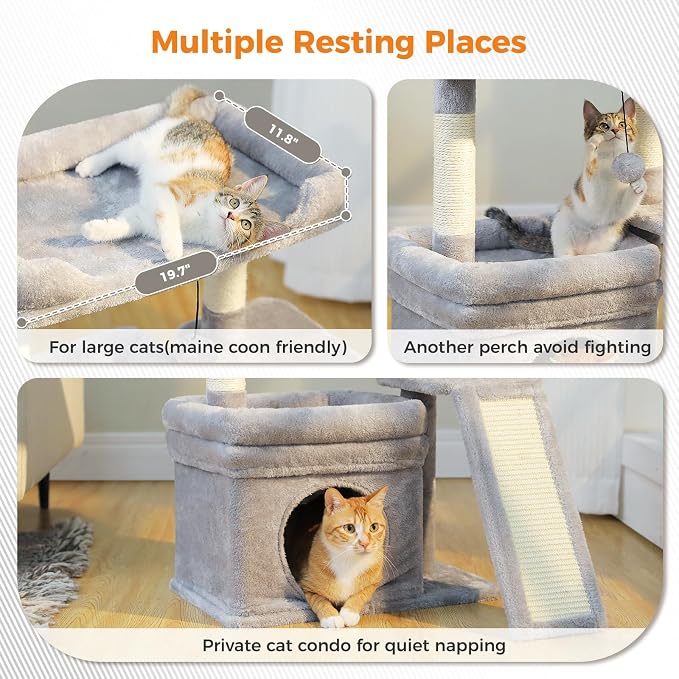 PEQULTI Cat Tree for Small Medium Cats, Gray Cat Tower for Indoor Cats | Gray aesthetic cat furniture with soft perch, private condo, natural sisal scratch post for indoor small medium kittens