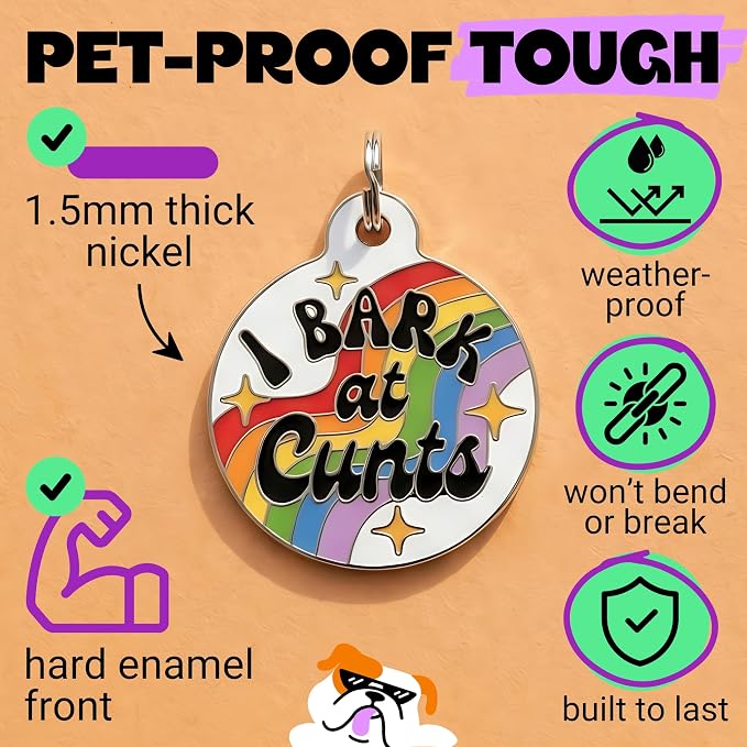 Bad Tags Personalized Dog and Cat ID Tags in 25+ Designs and 2 Sizes - 5 Lines of Custom Engraved Text - Funny Cute Personalized Pet Tags (I Bark at C*NTS - Rainbow, Small (1 inch))