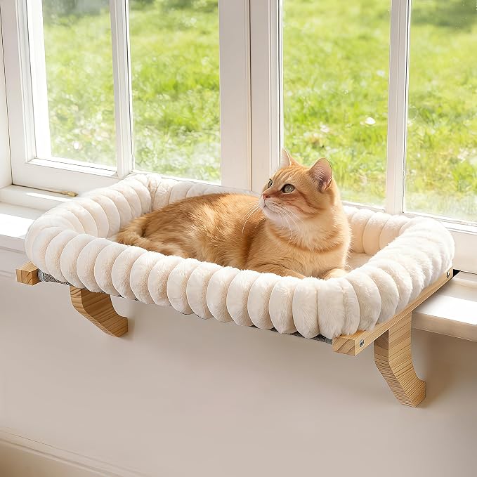Zoratoo Cloud-Soft Wooden Cat Window Sill Perch with Zipper Cushion,M White | 21.7’’x18’’, Removable for Machine Wash, Fluffy Plush Bolster, Sturdy Metal Frame for Large Cats up to 40lbs, Easy to Adjust