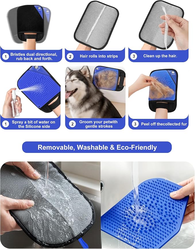 Pet Hair Remover for Furniture, 2-in-1 Pet Hair Removal Glove for Cats Dogs | 5-Finger Design Reusable & Detachable Electrostatic Magic Brush Pet Hair Remover Tools for Carpet, Couch, Car Seat