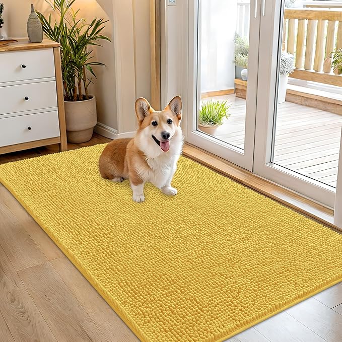 OLANLY Dog Door Mat for Muddy Paws 54x32, Super Absorbent Chenille Mud Mat | Yellow, Absorbs Moisture and Dirt, Non-Slip Machine Washable Doormat, Quick-Drying Indoor Entryway Floor Carpet for Dogs