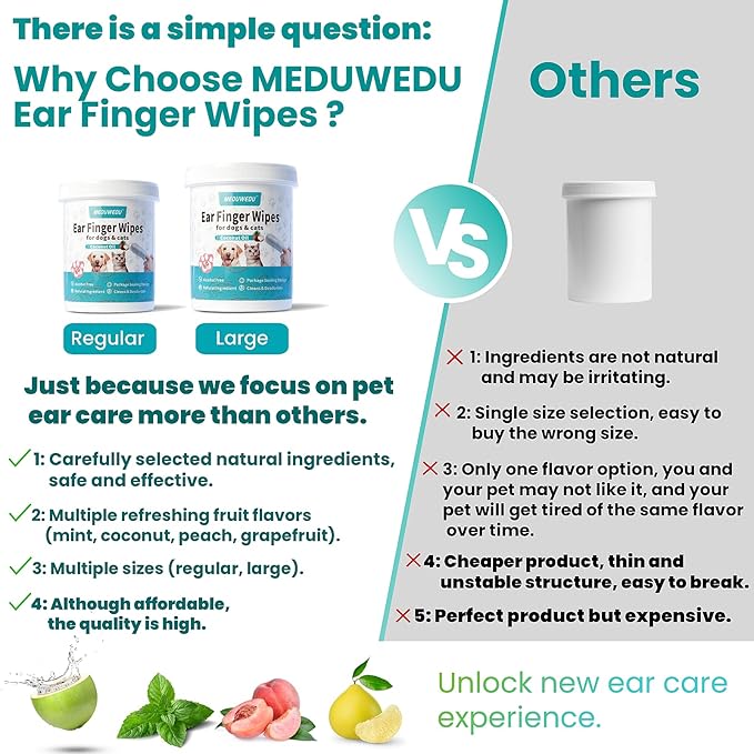 MEDUWEDU Wider Ear Cleaner Finger Wipes 60 Counts, Dog Ear Cleaner, Grooming Kit Care for Dogs and Cats,Otic Cleaning Pads, Remove Wax, Dirt & Stop Smelly, Itchy, Non-Irritating, Coconut Scent