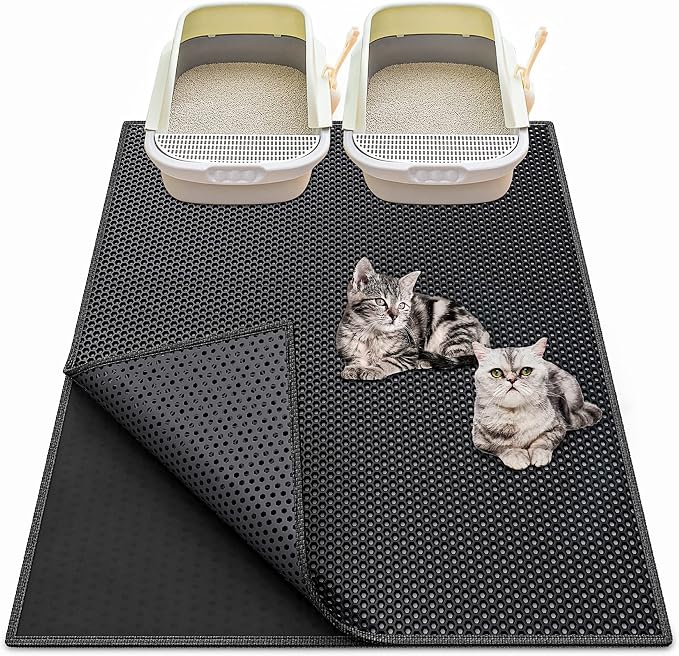 Waretary Cat Litter Mat, 36"x30", Waterproof, Scatter Control, Black | Double Layer, Urine-Proof, Non-Slip, Durable, Easy to Clean, Paw-Friendly, Safe & Odorless, Fits Large Litter Boxes