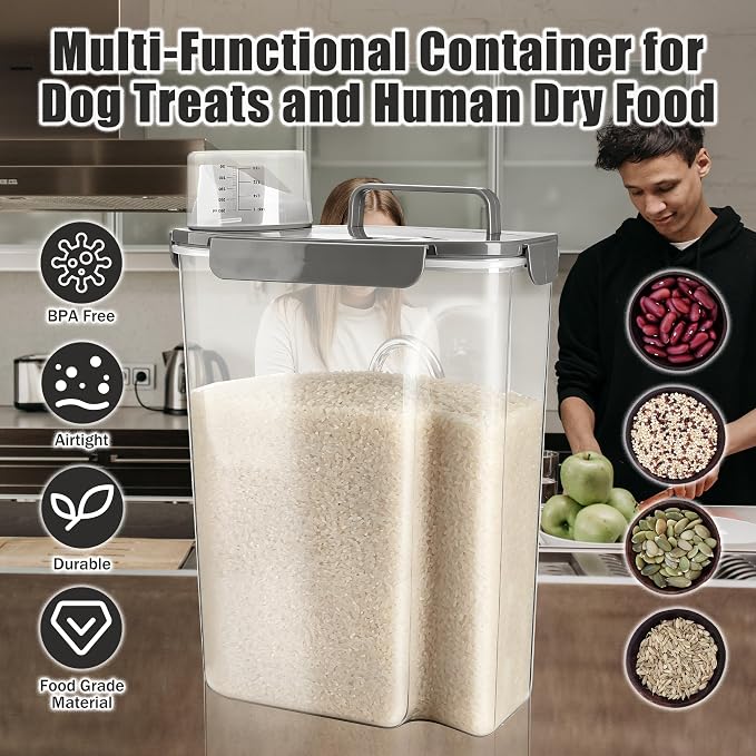 TIOVERY Dog Food Storage Container, 10 Lbs Airtight Pet Food Containers, Cat Food Container Dispenser Bin with Pouring Spout, Portable Handle & Measuring Cup for Dog Treats, Cat Kibble, Bird Feed Grey