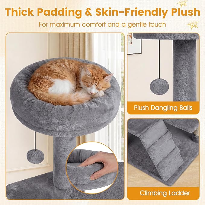 52-inch Cat Tree, Multi-Level Cat Tower with Sisal Scratching Posts, 2 Comfy Condos, Plush Padded Soft Top Perch, Dangling Balls, and Climbing Ladder, Ideal for Indoor Cats (Light Grey)