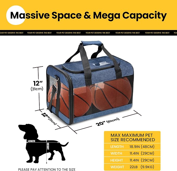 Conlun Dog Carrier Soft Sided, Large Cat Carrier with Inner Safety Leash, Pet Transport Carrier for Large Cats and Medium Dogs up to 20 Lbs, Collapsible Travel Puppy Carrier Bag -Blue L