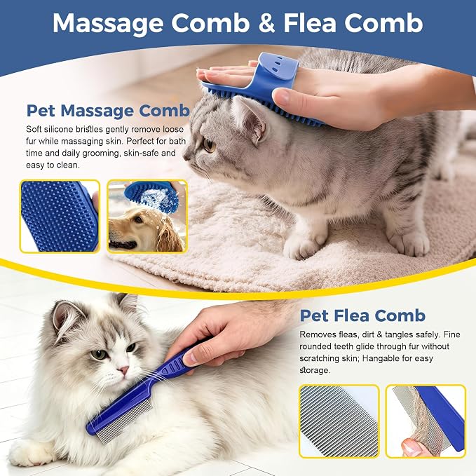 11 Piece Dog Grooming Kit - Hair, Nail, Massage Bath Supplies For Pets Cats | slicker dog brush for shedding，comb, undercoat rake, nail clipper tool, towel, scrubber gloves, scissors, all in one fur care