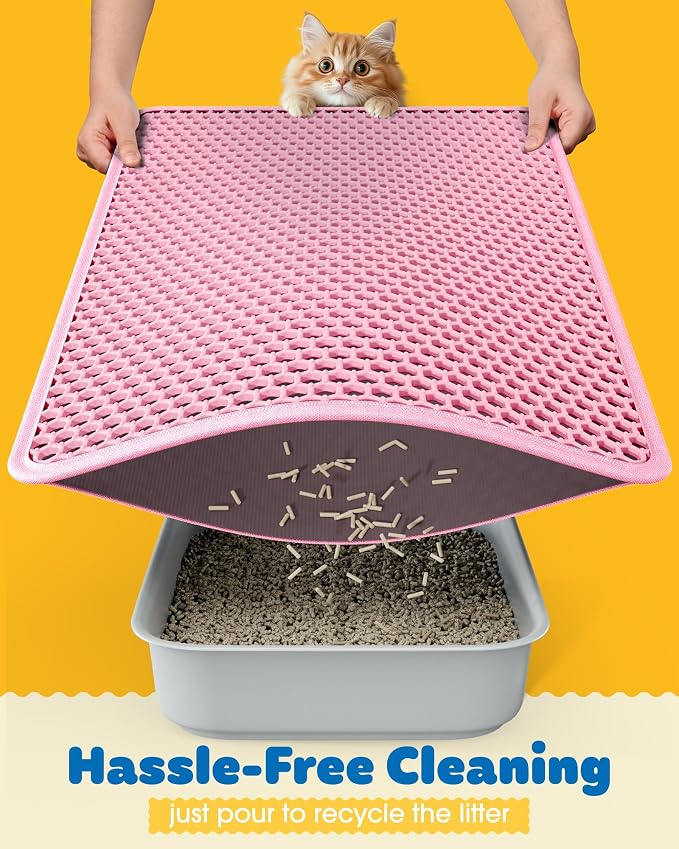 Powools Cat Litter Mat, 23.2 x 14.6 in, Waterproof, Non-Slip, Pink | Litter Trapping Mat, Easy to Clean, Litter Box Mat, Urine-Proof, Cat Toilet Training Systems Accessories, Indoor Cats