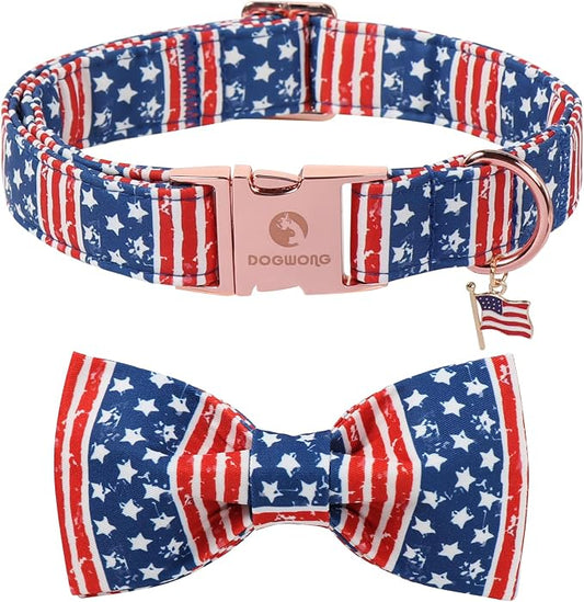 4th of July American Flag Dog Collar, DOGWONG Red Blue Bow Dog Collars with Metal Adjustable Buckle, Comfortable Independence Day Dogs Collars for Medium Dogs