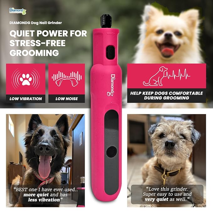 Diamondg Micro Dog Nail Grinder - Quiet Sound with LED Light, Pink | 5-Speed Rechargeable Pet Nail Trimmer for Small & Large Dogs, LCD Display, USB-C Charging, 4hrs. Runtime Rotary Tool