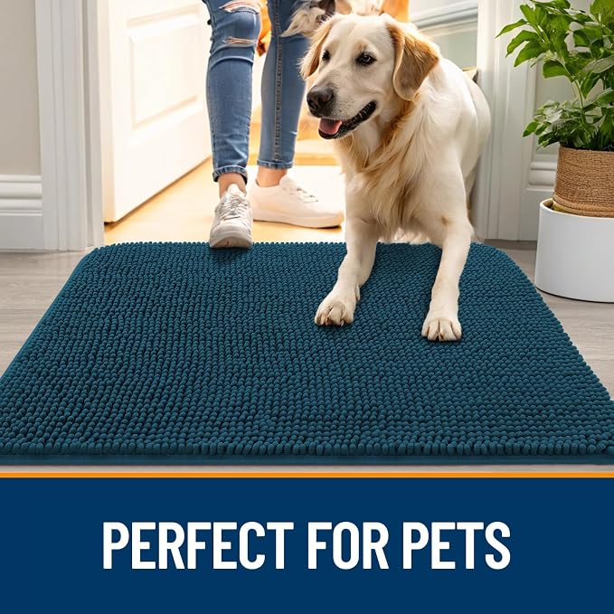 OLANLY Dog Door Mat for Muddy Paws 50x30, Super Absorbent Chenille Mud Mat | Atlantic Blue, Absorbs Moisture and Dirt, Non-Slip Machine Washable Doormat, Quick-Dry Indoor Entryway Floor Carpet for Dogs