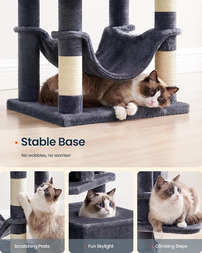 SONGMICS HOME Cat Tree for Indoor Cats, Multi-Level Cat Tower with Sisal Scratching Posts, Hammock and Condo, Dark Gray