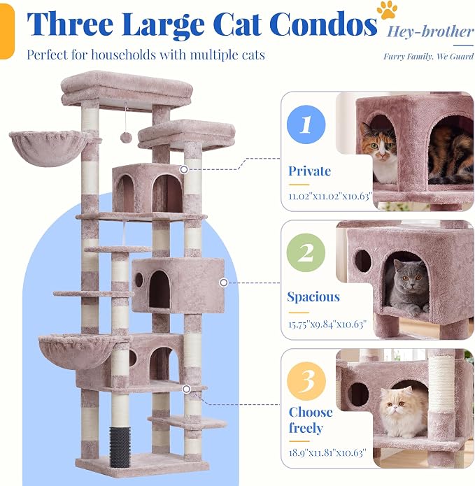 Hey-brother Cat Tree, Multi-Level Tower with 3 Condo, Hairbrush, MPJ035-MMU