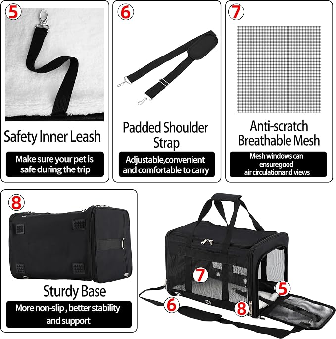 Soft Sided Cat/Dog Carrier，Collapsible Mesh Pets Travel Carriers for Pet/Puppy with Shoulder Strap & Removable Mat，Top Load Small Dogs/Cats Carry Bag Up to 25 Lbs（Black - L）