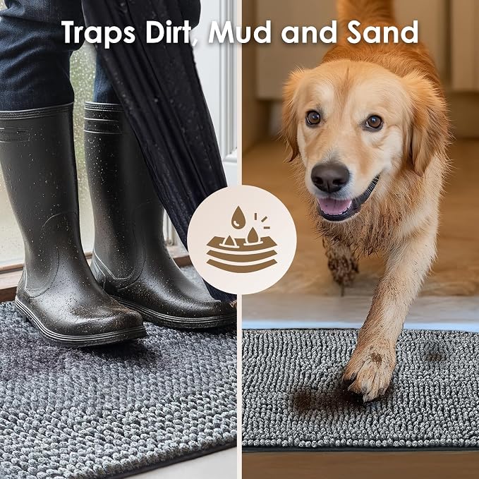 EHEYCIGA Super Absorbent Dog Door Mat for Muddy Paws 24x16 Inch Indoor, Front Doormat Outside Entrance, Quick Dry Chenille Washable Dog Crate Bed, Non-Slip Pet Rug Mud Mat Outdoor Entryway, Grey