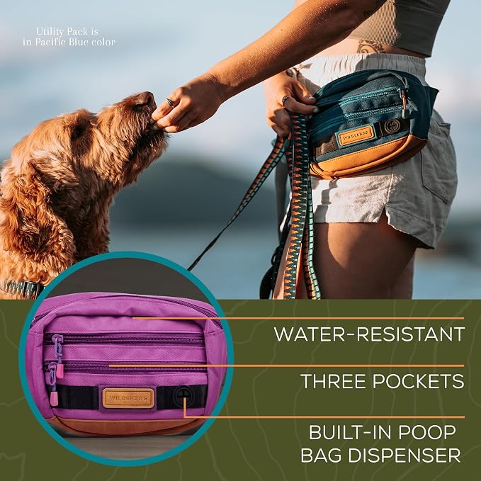 Wilderdog Utility Fanny Pack stores Treats, Balls, Keys in 3 Pockets with adjustable strap and Poop Bag dispenser (Lilac)