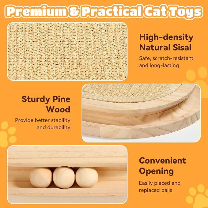 Cat Scratcher, Natural Sisal Scratching Pad, Kitten Interactive Toy with Ball Track & 3 Spring Plush Toys for Chasing Hunting Exercise, Round Wooden Cat Scratchers for Indoor