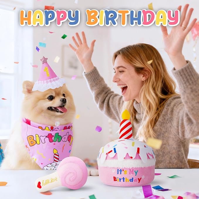 KIPRITII Dog Birthday Party Supplies – Pink Dog Birthday Cake Toys, Birthday Bandana & Hat for Small Dogs, Interactive Puppy Plush Toys to Relieve Boredom
