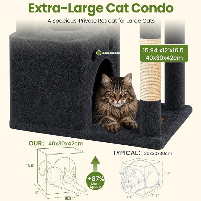 67in Cat Tree Tower for Indoor Cats, Multi-Level Dark Grey | Climbing Tower with 3 Large Platform, 4 Scratching Posts, Hammock, Large Condo for Multiple Cats, Modern Cat Tree Furniture