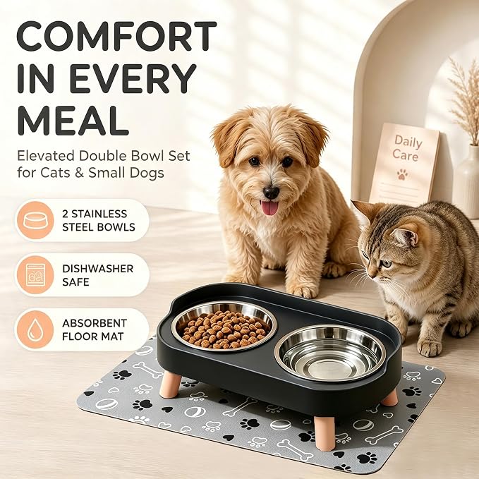 Elevated Dog Bowls with Mat, 2 Stainless Steel for Small Dogs Under 25 Lb | Raised Bowl Stand, Food & Water Set for Cats & Puppies, Splash Proof, Dishwasher Safe, Stain-Resistant Quick-Dry Mat