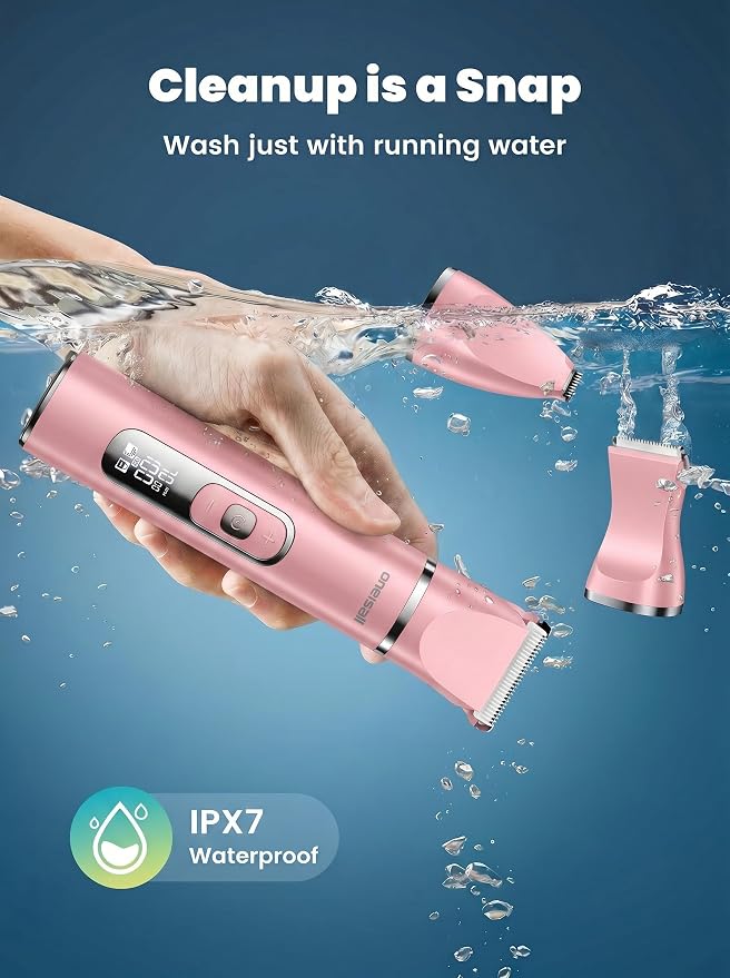 oneisall 4 in 1 Dog Grooming Kit with LCD Display Pink | Paw Hair Trimmer & Nail Grinder, Rechargeable, Cordless, Low Noise, IPX7 Waterproof, 3 Speeds Pet Grooming Clippers
