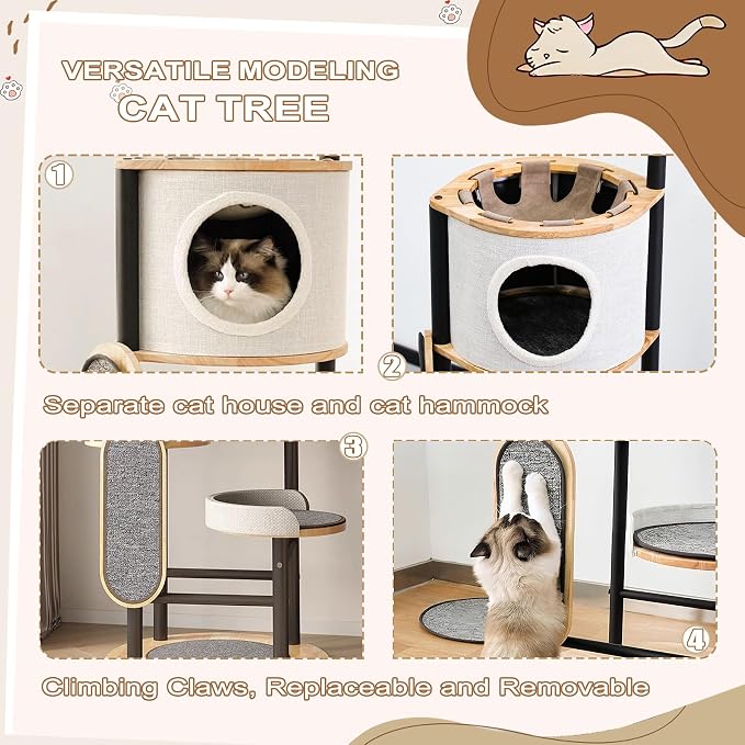 66'' Corner Cat Tree, Heavy Duty Multi-Level Cat Tree Tower with Scratching Post, Large Platform, Hammock, Dangling Ball, Carbon Steel Material Cats Condo for Large Cats 20 lbs