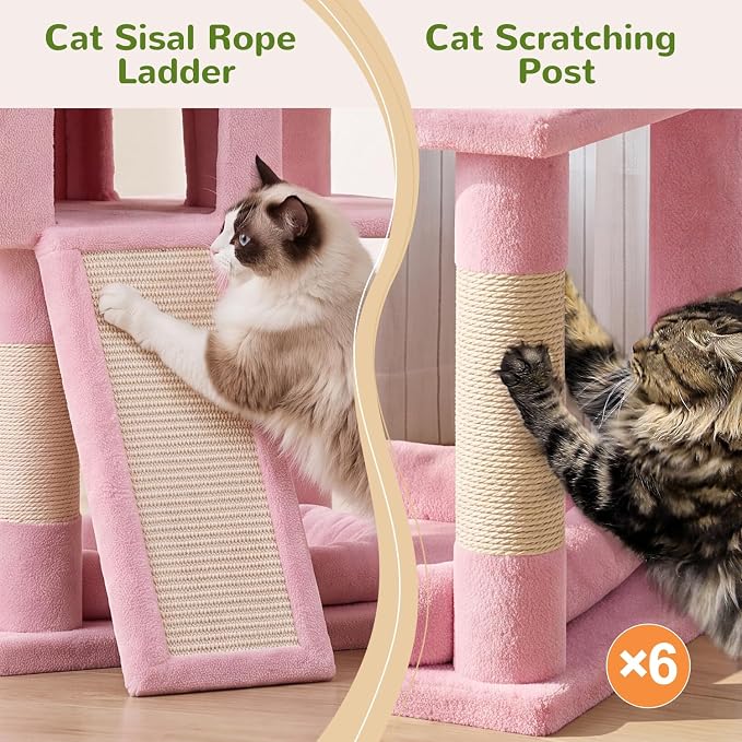 Globlazer S72 Heavy Duty Cat Trees for Large Cats, Sturdy 72in Maine Coon Cat Tree for Large Cat 20 lbs+ Heavy Duty Cat Tower for Adult Biggest Cats with 6 Scratching Posts, Hammock, Pink