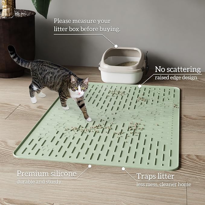 OHMO Large Cat Litter Mat, 31.5x23.6 Silicone Trapping Mat Sage Green | for Kitty Litter Box, Easy Clean, BPA Free Rubber, Center Litter Collection, Easy Pour-Back, Waterproof, Odor-Resistant