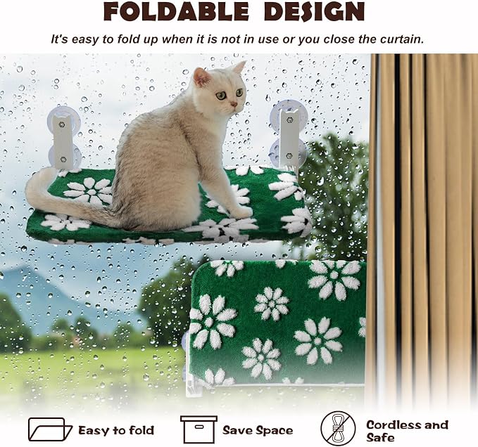 Cute Cat Window Perch, Foldable Cat Window Hammock, Green | Cordless Window Seat Bed for Indoor Cats, 3D Textured Flower Cover, Strong Suction Cups