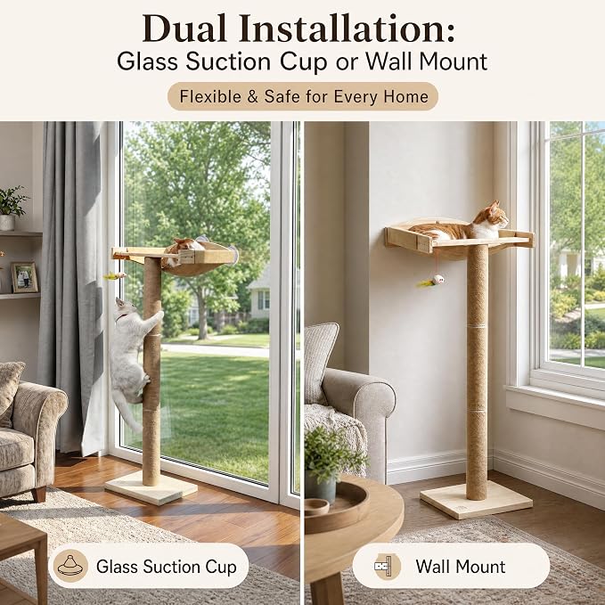 Cat Window Perch with Scratching Post, 46-Inch Tall Climbing Tree & Hammock | Heavy-Duty Suction Cups; Drill-Free; Pine Wood Frame; Holds Up to 40 lbs; For Small to Medium Cat; Sunbathing & Bird Watching