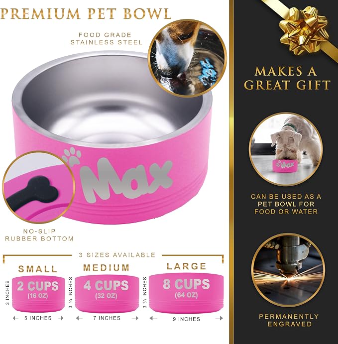 My Personal Memories Custom Personalized Stainless Steel Dog or Cat Bowl for Water and Food - Engraved Pet Bowl with Non Slip Bottom (Small - 18 Ounces, Pink)