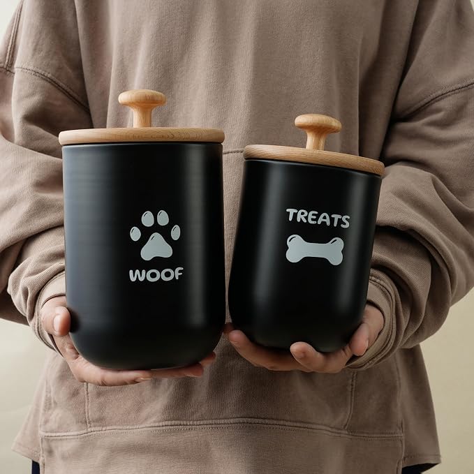 Dog Treat Container Set of 2, Dog treat jar with Airtight Lid, Small dog food container, Dog Cookie Jar for kitchen Counter, Treats Canister, Pet Treat Container 8.3x4.9 & 7.1x4.3 (Black)