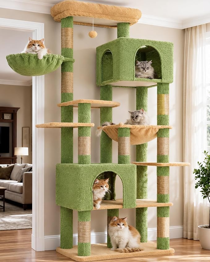 Heybly Cat Tree, 76-Inch Tall Heavy Duty Cat Tower for Big Cats HCT039GY | Multi-Level Large Cat Furniture with Extra Wide Baseboard, 2 Condos & 2 Hammocks, 10 Scratching Posts, Green and Yellow