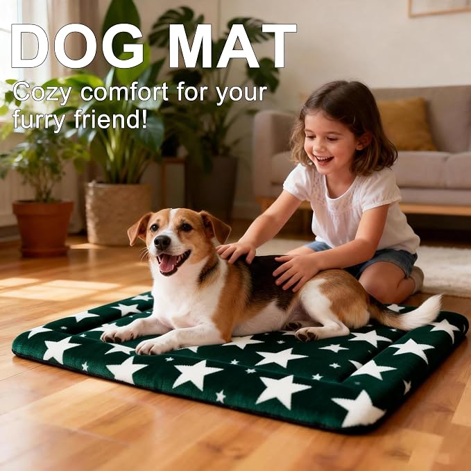 Dog Bed Mat – Soft & Comfortable Dog Kennel Pad for Crate – Durable Crate Bed & Mat for Dogs & Cats – Ideal for Crate, Kennel, and Home Use (Big&Little Stars Green, M(30"*20"*1.5"))