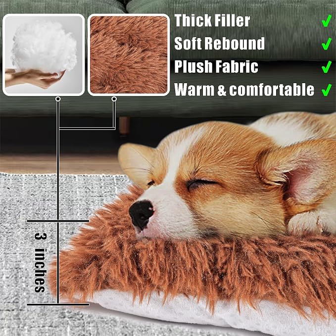 Machine Washable Dog Bed, Deluxe Plush Dog Crate Pad and Cat Bed, Anti-Slip Bottom Kennel Pad Mat, Fuzzy Pet Beds for Large, Medium, Small Dogs Breeds (Brown, 24.0" L x 18.0" W x 3.0" Th x 2 Pack)