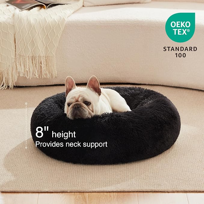 Love's cabin Calming Cat Bed for Indoor Cats, Anti-Anxiety Donut Round Dog Bed,Fluffy Faux Fur Washable Pet Bed for Small Medium Dogs and Cats, Black, 24in