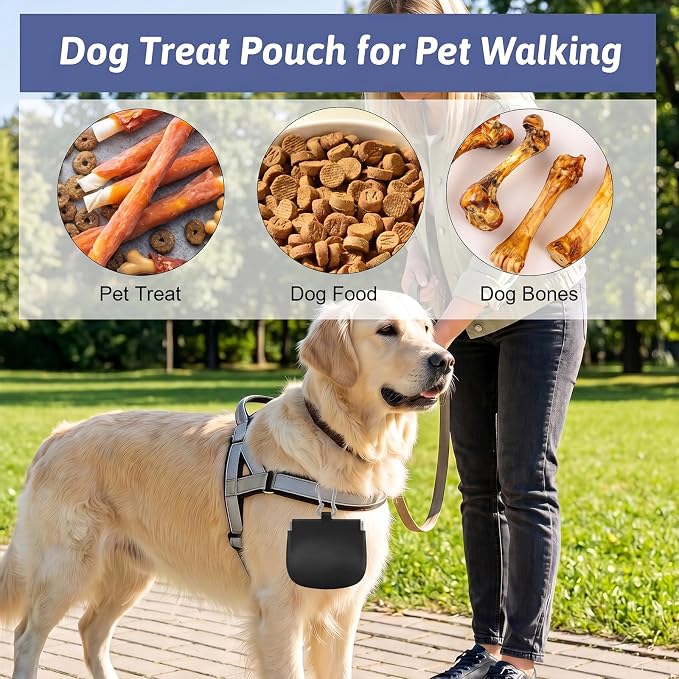Xinjoduz 1 PCS Silicone Dog Treat Pouch, Auto Closure, Small Pocket Sized Portable Training Bag Holder with Pull Tab & Auto Closing Lid for Easy Pet Travel/Training/Walking (Black)