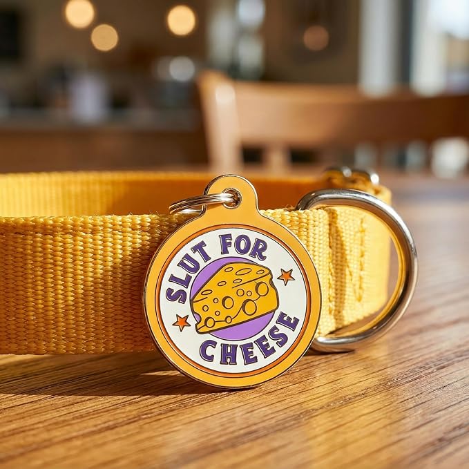 Bad Tags Personalized Dog and Cat ID Tags in 25+ Designs and 2 Sizes - 5 Lines of Custom Engraved Text - Funny Cute Personalized Pet Tags (Sl*t for Cheese, Large (1.25 inch))