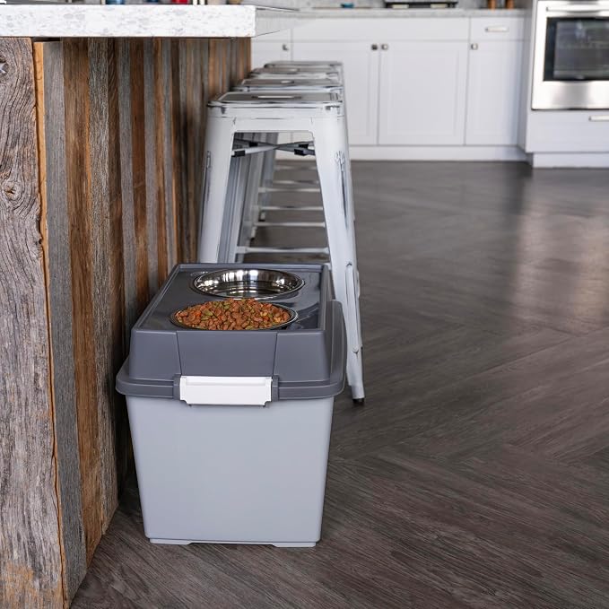 IRIS USA Dog Bowls Elevated with Storage, 15" H Raised Feeding Station, Dog Bowl Stand with Airtight Food Storage Holds 47 lbs, 2 Removable 64 oz Stainless Steel Bowls for Large Dogs, Gray/Dark Gray
