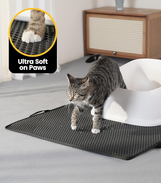 Conlun Cat litter Mat 30"x22", Large Honeycomb Double Layer Waterproof Trapping Waste for Kitty Litter Box, Easy Cleaning Soft on Paws Cat Matt on Floor, Black