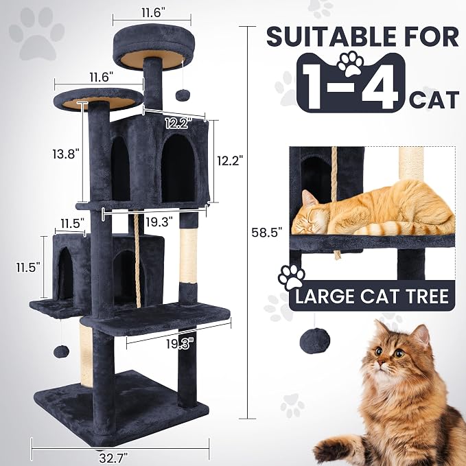 58.5inch Large Cat Tree Tower Condo for Indoor Cats, Soft Plush Multi-Level Climbing Tree Cat House with 2 Cat Cave, Scratching Post, More Entrance/Exit, Sisal Staircase, Light Black