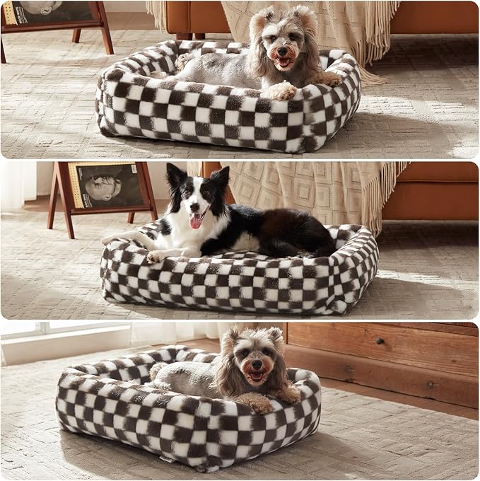 JOEJOY Large Dog Beds Large Sized Dog, Removable Washable Cover Orthopedic Soft Faux Rabbit Fur Pet Bed, Anti-Slip Fluffy Plush Faux Rabbit Fur Puppy Bed, 36"x27"x8", Checkered, Brown