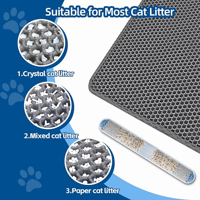 Cat Litter Mat, Double Layer Honeycomb, 30"x24", Gray | XL Litter Box Mat, reduces Litter Tracking, waterproof non-slip, easy-clean, soft on paws, scratch resistant, BPA-free EVA